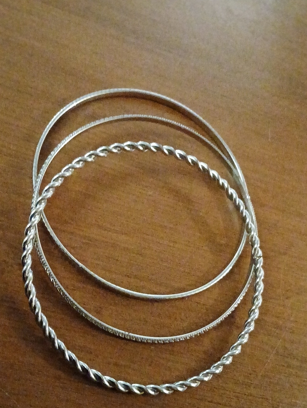 Sterling Silver Tone Twisted & Smooth Bangle Bracelet Set - Jewelry Lot Of 3pcs